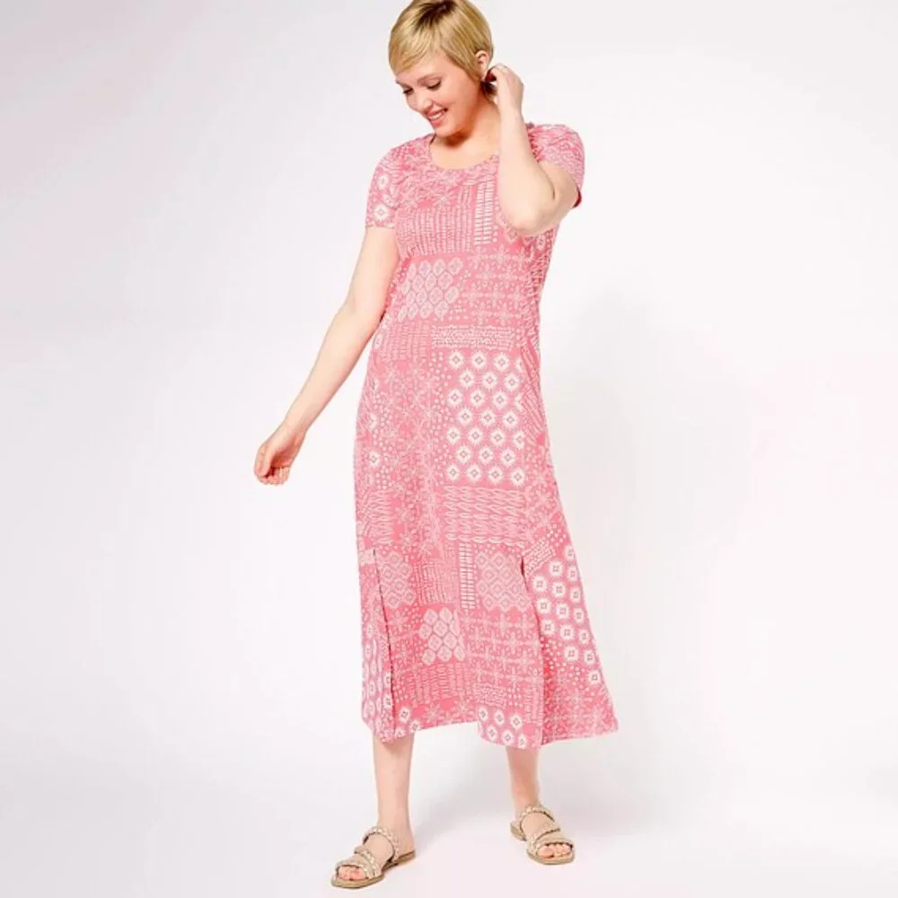 cuddl duds flexwear short-sleeve maxi dress Cuddl Duds Flexwear Short Sleeve Maxi Dress, Size Small, Coral Patchwork